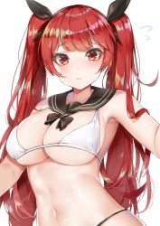 Rule 34 | 1girl, alternate costume, arm up, armpits, azur lane, bad id, bad pixiv id, bikini, black bikini, black ribbon, blush, breasts, cleavage, collarbone, commentary request, flying sweatdrops, frown, hair between eyes, hair ribbon, has bad revision, has downscaled revision, highleg, highleg bikini, highres, honolulu (azur lane), honolulu (umbrella girl) (azur lane), large breasts, long hair, looking at viewer, md5 mismatch, navel, red eyes, red hair, resolution mismatch, ribbon, sailor collar, sidelocks, simple background, skindentation, solo, source smaller, stomach, swimsuit, twintails, upper body, white background, white bikini, yayoichi (yoruyoru108)