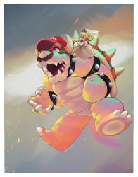 Rule 34 | 1boy, blonde hair, bowser, dress, facial hair, fangs, hat, highres, mario, mario (series), midair, monster boy, mustache, nintendo, open mouth, possessed, possession, princess peach, semilex, spiked shell, spoilers, super mario odyssey, tears