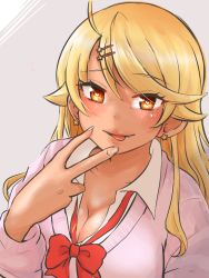 Rule 34 | 1girl, amaryllis gumi, artist request, blonde hair, blush, breasts, cleavage, dark-skinned female, dark skin, fang, female focus, hair between eyes, large breasts, licking lips, lips, looking at viewer, ouga saki, school uniform, shiny skin, smile, solo, tongue, tongue out, upper body, v, virtual youtuber