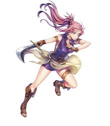 Rule 34 | 1girl, armlet, artist request, boots, breasts, cross-laced footwear, dress, fingerless gloves, fire emblem, fire emblem: the sacred stones, fire emblem heroes, full body, gloves, highres, holding, holding sword, holding weapon, knee boots, lace-up boots, leg up, long hair, looking away, marisa (fire emblem), medium breasts, nintendo, official art, parted lips, ponytail, purple eyes, purple hair, see-through, short dress, solo, sword, thigh strap, toeless footwear, transparent background, weapon