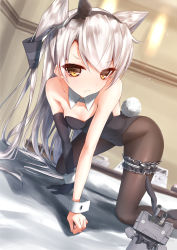 Rule 34 | 10s, 1girl, akikan (10552397), all fours, alternate costume, amatsukaze (kancolle), bad id, bad pixiv id, black gloves, black leotard, black pantyhose, brown eyes, detached collar, dutch angle, elbow gloves, garter belt, gloves, hair tubes, highres, kantai collection, leotard, long hair, looking at viewer, pantyhose, playboy bunny, rabbit tail, rensouhou-kun, silver hair, single glove, solo, strapless, strapless leotard, tail, twintails, two side up, wrist cuffs
