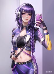 Rule 34 | 1girl, alternate costume, belt, black belt, black gloves, black nails, black shirt, breasts, cellphone, character name, cleavage, clothes writing, commentary, crop top, cropped jacket, electro symbol (genshin impact), fingerless gloves, genshin impact, gloves, hand up, headphones, highres, holding, holding phone, jacket, long braid, long hair, long sleeves, looking at viewer, medium breasts, midriff, nail polish, navel, open clothes, open jacket, phone, pink lips, purple eyes, purple hair, raiden shogun, shirt, smartphone, smile, solleen, solo, stomach, upper body, very long hair