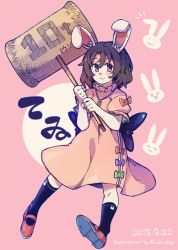 Rule 34 | &gt;o&lt;, 10s, 1girl, 2015, :&lt;, :3, adapted costume, anarogumaaa, animal ears, animal print, artist name, bad id, bad pixiv id, black socks, blush, bow, brown hair, carrot necklace, dated, dress, full body, inaba tewi, jewelry, kneehighs, looking at viewer, mallet, mary janes, necklace, open mouth, pink background, pink dress, rabbit ears, rabbit print, red eyes, red footwear, shoes, short hair, short sleeves, smile, socks, solo, touhou
