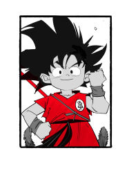 Rule 34 | 1boy, black border, border, clenched hands, dan mora, dougi, dragon ball, dragon ball (classic), hair behind ear, highres, looking at viewer, male focus, monkey tail, smile, solo, son goku, spanish commentary, spot color, tail, v-shaped eyebrows, white border, wristband