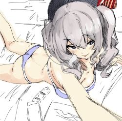 Rule 34 | 10s, 1girl, :p, ass, back, beret, blue bra, blue eyes, blue panties, blush, bra, breasts, butt crack, cleavage, condom packet strip, condom wrapper, grey hair, hat, iwasaki takashi, kantai collection, kashima (kancolle), long hair, lying, on stomach, panties, partially colored, sketch, smile, solo, tongue, tongue out, twintails, underwear, underwear only