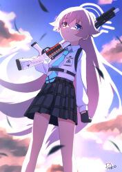 Rule 34 | 1girl, absurdres, ahoge, backlighting, beretta 1301, black feathers, black gloves, black skirt, blue archive, blue necktie, blue sky, cloud, cloudy sky, collared shirt, commentary request, falling feathers, feathers, fingerless gloves, gloves, gun, hair between eyes, halo, heterochromia, highres, holding, holding gun, holding weapon, hoshino (blue archive), id card, long hair, long sleeves, looking at viewer, necktie, outdoors, over shoulder, pink hair, plaid, plaid skirt, pleated skirt, poko (user rjdg5478), school uniform, shirt, shotgun shell, shoulder strap, sidelocks, signature, skirt, sky, smile, solo, twilight, weapon, weapon over shoulder, white shirt, wind