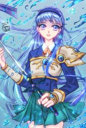 Rule 34 | 1girl, :d, armor, armored dress, blue eyes, blue hair, blue hairband, blue jacket, blue skirt, blue theme, clamp (style), cowboy shot, dated, hairband, holding, holding sword, holding weapon, jacket, left-handed, long hair, looking at viewer, magic knight rayearth, official style, open mouth, rapier, ryuuzaki umi, school uniform, signature, skirt, smile, solo, standing, sword, tuka ryo, water, weapon