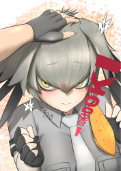 Rule 34 | !, !?, 1girl, black gloves, black hair, breast pocket, closed mouth, collared shirt, commentary, fingerless gloves, furrowed brow, gloves, grey hair, grey necktie, grey shirt, hair between eyes, hair intakes, hand on another&#039;s head, headpat, heartbeat, highres, john (a2556349), kemono friends, layered sleeves, long hair, long sleeves, multicolored hair, necktie, orange hair, pocket, pov, pov hands, revision, shirt, shoebill (kemono friends), short over long sleeves, short sleeves, sidelocks, solo focus, sound effects, upper body, wing collar, yellow eyes