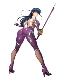 Rule 34 | 1girl, absurdres, aqua eyes, ass, bare shoulders, blue hair, blush, bodysuit, breasts, commentary request, curvy, elbow gloves, female focus, fishnets, full body, gloves, highres, hip focus, holding, holding sword, holding weapon, igawa asagi, impossible bodysuit, impossible clothes, kagami hirotaka, katana, large breasts, legs, lilith-soft, lipstick, long hair, looking back, makeup, official art, parted lips, shiny clothes, shiny skin, simple background, skin tight, sleeveless, solo, sword, taimanin (series), taimanin asagi, taimanin rpgx, thighhighs, thighs, weapon, white background, wide hips