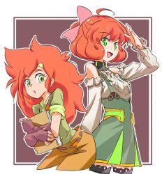 Rule 34 | 2girls, ahoge, bow, curly hair, dress, freckles, green eyes, hair bow, iesupa, long hair, long sleeves, looking at viewer, multiple girls, nomad of nowhere, open mouth, orange hair, penny polendina, rwby, short hair, skirt, skout, smile, thighhighs