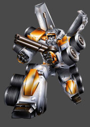 Rule 34 | assault visor, box art, clenched hand, clone trooper, commander cody, grey background, gun, holding, holding gun, holding weapon, looking at viewer, marcelo matere, mecha, mecha focus, no humans, official art, robot, running, science fiction, simple background, star wars, transformers, weapon, wheel