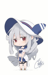 Rule 34 | 1girl, arknights, beni shake, black choker, blue shorts, breasts, chibi, choker, cleavage, closed mouth, collarbone, commentary request, full body, grey hair, hair between eyes, hat, long hair, looking at viewer, navel, red eyes, sandals, shadow, short shorts, shorts, signature, simple background, skadi (arknights), skadi (waverider) (arknights), small breasts, solo, standing, sun hat, very long hair, white background, white hat, yellow footwear
