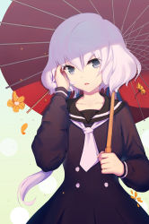 Rule 34 | 10s, 1girl, absurdres, black dress, black sailor collar, buttons, collarbone, commentary request, double-breasted, dress, estcc, flower, grey eyes, hair between eyes, tucking hair, hand in own hair, hand up, head tilt, highres, holding, holding umbrella, konno junko, light purple hair, long hair, long sleeves, looking at viewer, low twintails, neckerchief, oil-paper umbrella, orange flower, parted lips, petals, pleated dress, sailor collar, sailor dress, school uniform, short hair with long locks, single horizontal stripe, smile, solo, twintails, umbrella, upper body, very long hair, white neckerchief, zombie land saga