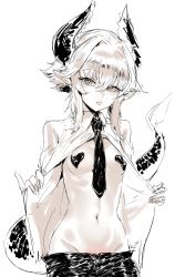 Rule 34 | 1girl, absurdres, bad id, bad twitter id, breasts, closed mouth, collared shirt, covered erect nipples, demon girl, demon horns, demon tail, greyscale, hair between eyes, highres, horns, looking at viewer, monochrome, navel, necktie, original, pasties, pointy ears, shirt, short hair, simple background, small breasts, solo, suisogenshi, tail, white background, wing collar