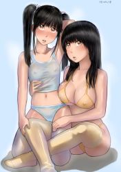 Rule 34 | 2girls, ayaka (zenkou), bikini, black hair, blue background, blush, breasts, brown eyes, cameltoe, chitose (zenkou), cleavage, covered erect nipples, dated, feet, large breasts, long hair, looking at viewer, multiple girls, nipples, original, parted lips, see-through, shiny skin, simple background, small breasts, straddling, swimsuit, thighhighs, twintails, white legwear, yellow legwear, zenkou