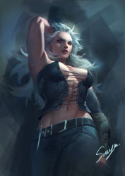 Rule 34 | 1girl, absurdres, dorohedoro, earrings, gym uniform, highres, jacket, jewelry, long hair, looking at viewer, muscular, muscular female, noi (dorohedoro), pants, red eyes, sariya asavametha, simple background, smile, solo, track jacket, track pants, track suit, white hair