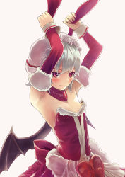 Rule 34 | 1girl, alternate costume, animal ears, areola slip, armpits, arms up, bat wings, black wings, blue hair, blush, breasts, closed mouth, colored eyelashes, culter, detached collar, detached sleeves, dress, fingernails, frills, fur trim, hat, heart, highres, holding ears, looking at viewer, mob cap, rabbit ears, red eyes, remilia scarlet, sharp fingernails, slit pupils, small breasts, solo, strapless, strapless dress, sweatdrop, touhou, upper body, wings, wrist cuffs