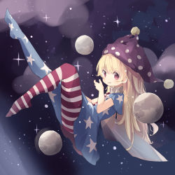 Rule 34 | 1girl, absurdres, american flag dress, american flag legwear, blonde hair, blush, clownpiece, fairy wings, floating, fujii shino, hat, highres, jester cap, long hair, looking at viewer, moon, neck ruff, red eyes, solo, space, sparkle, touhou, v-shaped eyebrows, very long hair, wings