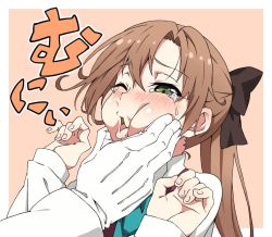 Rule 34 | 10s, 1girl, admiral (kancolle), akigumo (kancolle), akitetsu, bad id, bad twitter id, brown hair, cheek squash, crying, crying with eyes open, green eyes, hair ornament, hair ribbon, kantai collection, long hair, mole, mole under eye, one eye closed, ponytail, ribbon, school uniform, simple background, solo focus, streaming tears, teardrop, tears