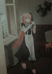 Rule 34 | 1girl, :d, apron, balloon, black dress, black pantyhose, blood, blood on clothes, blush, bottle, brown eyes, building, chihuri, collared shirt, commentary request, couch, day, dress, frilled apron, frills, hair between eyes, hair ribbon, hands up, highres, holding, holding bottle, indoors, juliet sleeves, long hair, long sleeves, open mouth, open window, original, pantyhose, pillow, pink footwear, ponytail, puffy sleeves, ribbon, shirt, sidelocks, sleeveless, sleeveless dress, slippers, smile, solo, standing, standing on one leg, star (symbol), star balloon, stuffed animal, stuffed rabbit, stuffed toy, teddy bear, two-handed, very long hair, waist apron, white apron, white ribbon, white shirt, window, wooden floor, yana (chihuri)