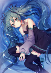 Rule 34 | 1girl, ahoge, alternate costume, bare shoulders, black dress, black thighhighs, blue eyes, blue hair, blue nails, breasts, cleavage, closed mouth, collarbone, detached collar, detached sleeves, dress, foot out of frame, grey sleeves, hair between eyes, hair ribbon, hatsune miku, highres, kyouda suzuka, long hair, looking at viewer, looking up, lying, medium breasts, nail polish, on side, partially submerged, ribbon, see-through, short dress, solo, thighhighs, twintails, very long hair, vocaloid, water