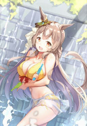 Rule 34 | 1girl, animal ears, arched back, arms under breasts, bare shoulders, bikini, bow, braid, breasts, brown eyes, brown hair, cleavage, collarbone, covered erect nipples, cowboy shot, crossed arms, dual wielding, ear bow, fountain, from side, half updo, halterneck, highres, holding, horse ears, horse girl, horse tail, large breasts, leaning forward, long hair, looking at viewer, navel, ooshima kojima, open mouth, satono diamond (umamusume), see-through, see-through skirt, shrugging, side-tie bikini bottom, skirt, smile, solo, strap gap, string bikini, swimsuit, tail, tareme, umamusume, very long hair, water, water gun, yellow bikini