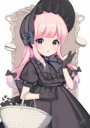 Rule 34 | 1girl, absurdres, basket, black bow, black gloves, black headwear, blue bow, blue eyes, blush, bonnet, bow, bowtie, candy, candy cane, chestnut mouth, commentary request, dress, food, frilled dress, frills, gloves, gradient hair, green eyes, hair bow, heterochromia, highres, himemori luna, holding, holding food, hololive, long hair, looking at viewer, multicolored hair, nyasunyadoora, pink hair, pleated skirt, puffy short sleeves, puffy sleeves, short sleeves, signature, simple background, skirt, solo, virtual youtuber