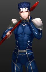 Rule 34 | 1boy, abs, armor, blue bodysuit, blue hair, bodysuit, contrapposto, cowboy shot, cu chulainn (fate), earrings, fate/stay night, fate (series), gae bolg (fate), grey background, holding, holding weapon, jewelry, kfr, lance, cu chulainn (fate/stay night), long hair, male focus, over shoulder, polearm, ponytail, red eyes, shoulder armor, simple background, skin tight, smile, solo, pauldrons, standing, weapon, weapon over shoulder