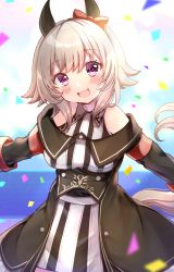 Rule 34 | 1girl, :d, animal ears, black jacket, blush, bow, curren chan (umamusume), dress, ear bow, highres, horse ears, horse girl, horse tail, jacket, long sleeves, looking at viewer, minami saki, off-shoulder jacket, off shoulder, open mouth, purple eyes, red bow, short hair, smile, solo, striped clothes, striped dress, tail, umamusume, vertical-striped clothes, vertical-striped dress, white dress, white hair