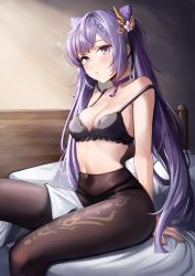 Rule 34 | 1girl, absurdres, bare shoulders, bed, blush, bra, breasts, choker, dvdraw, genshin impact, hair ornament, hairpin, highres, keqing (genshin impact), long hair, panties, panties under pantyhose, pantyhose, purple eyes, purple hair, shiny clothes, shiny skin, sitting, solo, twintails, underwear, very long hair, waking up