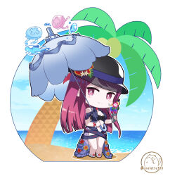 Rule 34 | 1girl, alternate costume, artist logo, beach, black headwear, blue one-piece swimsuit, chibi, cocktail glass, cup, drink, drinking glass, female focus, fire emblem, fire emblem engage, fire emblem heroes, flower, glass, highres, holding, holding umbrella, ivy (fire emblem), ivy (summer) (fire emblem), komurice, long hair, looking at viewer, matching hair/eyes, nintendo, ocean, official alternate costume, one-piece swimsuit, palm tree, parasol, purple eyes, purple hair, solo, swimsuit, tree, twitter username, umbrella