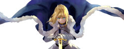 Rule 34 | 1girl, absurdres, ahoge, armor, artoria pendragon (fate), blonde hair, breastplate, cape, excalibur (fate/stay night), fate (series), fur-trimmed cape, fur trim, highres, latemon1, planted, saber (fate), solo, sword, weapon, white background