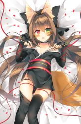 Rule 34 | 1girl, animal ears, bare shoulders, bed sheet, black thighhighs, blush, bow, brown hair, collarbone, commentary request, elbow gloves, fang, fingerless gloves, fork, fox ears, fox tail, gloves, green eyes, hair between eyes, hair bow, heterochromia, highres, holding, holding fork, holding knife, japanese clothes, kimono, knife, long hair, looking at viewer, loose thighhigh, lying, obi, off shoulder, on back, open mouth, original, red eyes, red ribbon, ribbon, saichuu, sash, short kimono, solo, tail, thighhighs, very long hair