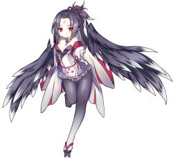 Rule 34 | 1girl, ao jun, ark order, black feathers, black hair, black wings, breasts, detached collar, detached sleeves, dress, facial mark, falling feathers, feathered wings, feathers, forehead mark, full body, geta, gradient legwear, half updo, harpy, karasu tengu (ark order), long hair, long sleeves, looking at viewer, medium breasts, monster girl, official art, one side up, pantyhose, red eyes, sidelocks, solo, tachi-e, third-party source, transparent background, white dress, wide sleeves, winged arms, wings