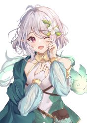 Rule 34 | 1girl, absurdres, bare shoulders, detached sleeves, dress, flower, gloves, gold trim, green dress, hair flower, hair ornament, highres, kaedemaru, kokkoro (princess connect!), looking at viewer, one eye closed, open mouth, pink eyes, pointy ears, princess connect!, simple background, solo, teardrop, tears, white background, white hair, wiping tears