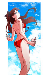 1girl, ass, back, bangs, bare shoulders, bikini, black bow, blue eyes, blue sky, bow, breasts, brown hair, butt crack, cloud, cloudy sky, commentary request, cup, fate/stay night, fate (series), floating hair, framed, from side, hair bow, holding, holding cup, karasaki, legs, long hair, looking at viewer, parted bangs, parted lips, red bikini, sky, solo, standing, swimsuit, tohsaka rin, twintails, wind