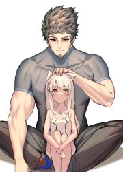 Rule 34 | 1boy, 1girl, aged down, animal ears, beard, braid, brown eyes, brown hair, cat ears, chest jewel, doromizu (d0r0118), facial hair, father and daughter, goatee, grey hair, highres, indian style, looking at another, looking up, mio (xenoblade), rex (xenoblade), sitting, sitting on lap, sitting on person, smile, xenoblade chronicles (series), xenoblade chronicles 3, xenoblade chronicles 3: future redeemed