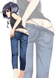 Rule 34 | 1girl, alternate costume, ass, black hair, black panties, black shirt, brown eyes, butt crack, casual, commentary request, denim, feet out of frame, from behind, highres, jeans, kantai collection, looking at viewer, looking back, nassukun, panties, pants, shirt, short hair, short hair with long locks, sidelocks, sleeveless, sleeveless shirt, solo, standing, thong, tokitsukaze (kancolle), two side up, underwear, whale tail (clothing)