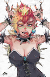Rule 34 | 1girl, absurdres, arm tattoo, armlet, armpits, arms up, artist logo, asymmetrical hair, bare shoulders, black nails, blonde hair, blue eyes, bowsette, bracelet, breasts, brooch, cleavage, collar, collarbone, corset, cross-eyed, crown, demong3, ear piercing, earrings, facepaint, fangs, finger tattoo, fingernails, grabbing, half-closed eye, hand tattoo, highres, horn grab, horns, index finger raised, jewelry, lace, lips, long hair, looking at viewer, mario (series), multicolored hair, nail polish, new super mario bros. u deluxe, nintendo, open mouth, piercing, pointy ears, punk, red hair, short hair, shoulder tattoo, sidelocks, smile, solo, spiked armlet, spiked bracelet, spiked collar, spiked shell, spikes, super crown, tattoo, tongue, tongue out, tsurime, turtle shell, upper body, very short hair