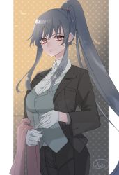 Rule 34 | 1girl, alternate costume, black hair, black jacket, black pants, breasts, brown eyes, butler, commentary request, cowboy shot, dress shirt, formal, gloves, grey vest, highres, jacket, kantai collection, large breasts, long hair, looking at viewer, mizoredama1, pants, ponytail, shirt, sidelocks, solo, suit, towel, vest, white gloves, white shirt, yahagi (kancolle)