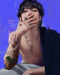 Rule 34 | 1boy, absurdres, arm tattoo, artist name, bangtan boys, black eyes, black hair, blue background, commentary, covering own mouth, earrings, hand tattoo, hashtag-only commentary, highres, jacket, jacket on shoulders, jewelry, jung kook, k-pop, male focus, multiple earrings, neck tattoo, necklace, real life, realistic, reiz.i, ring, sitting, solo, tattoo, topless male, upper body, watermark