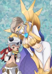 Rule 34 | 1boy, 1girl, aegiomon, armor, blush, breasts, cape, couple, digimon, embarrassed, junomon, large breasts, mask, size difference