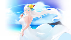 Rule 34 | 1girl, alternate costume, azur lane, backless dress, backless outfit, bare shoulders, belfast (azur lane), blue eyes, breasts, dress, flower, hair flower, hair ornament, highres, huge breasts, long hair, looking at viewer, looking back, nail polish, red nails, sleeveless, sleeveless dress, solo, toki to shishin, very long hair, white dress, white hair, yellow flower