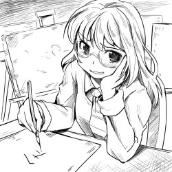 Rule 34 | 1girl, blush, glasses, greyscale, hand on own cheek, hand on own face, kubocha, long hair, looking at viewer, monochrome, original, solo