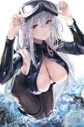 Rule 34 | 1girl, absurdres, azur lane, bare shoulders, black leotard, blush, breasts, brown pantyhose, cleavage, cleavage cutout, clothing cutout, detached sleeves, diving mask, diving mask on head, enterprise (azur lane), enterprise (diving under blue skies) (azur lane), goggles, goggles on head, grey hair, hair between eyes, highres, large breasts, leotard, liaowen, long hair, long sleeves, looking at viewer, pantyhose, purple eyes, solo, thigh strap, thighs, wading, water, wet