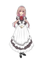Rule 34 | 1girl, :d, asa no ha (awayuki), black dress, black footwear, blush, dress, full body, grey legwear, highres, long hair, long sleeves, maid, open mouth, original, own hands together, puffy long sleeves, puffy sleeves, red eyes, simple background, smile, solo, twintails, two-tone dress, white background, white dress