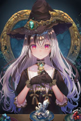 Rule 34 | 1girl, absurdres, black choker, black gloves, blush, chair, choker, crystal, gem, gloves, hat, highres, jewelry, long hair, looking at viewer, original, red eyes, samo cha, sitting, table, white hair, witch, witch hat