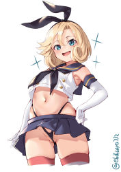 Rule 34 | 1girl, :d, black neckerchief, black panties, blonde hair, blue eyes, blue sailor collar, blush, commentary request, cosplay, crop top, cropped legs, ebifurya, elbow gloves, gloves, hair between eyes, highleg, highleg panties, highres, janus (kancolle), kantai collection, navel, neckerchief, open mouth, panties, sailor collar, shimakaze (kancolle), shimakaze (kancolle) (cosplay), shirt, silver hair, simple background, sleeveless, sleeveless shirt, smile, solo, striped clothes, striped thighhighs, thighhighs, twitter username, underwear, white background, white gloves
