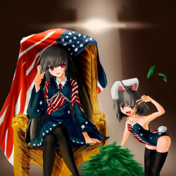 Rule 34 | 2girls, american flag, american flag legwear, american flag print, american flag shirt, animal ears, assassin&#039;s creed (series), assassin&#039;s creed iii, backlighting, bare shoulders, black hair, black legwear, blue skirt, chair, collared shirt, commentary request, contrapposto, crossed legs, flag print, grey hair, hand in own hair, hand up, head tilt, heart, heart-shaped pupils, highres, hime cut, houraisan kaguya, inaba tewi, jin&#039;er renyuan, leotard, light, long hair, looking at viewer, money, multiple girls, necktie, open mouth, pantyhose, pile, pink eyes, playboy bunny, rabbit ears, rabbit girl, rabbit tail, red eyes, red necktie, shirt, sitting, skirt, smile, symbol-shaped pupils, tail, thighhighs, touhou, tyranny of king washington, v, very long hair