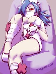 Rule 34 | 1girl, blue hair, breasts, cleavage, from below, gloves, hand on own stomach, hat, highres, knee up, large breasts, latex, latex gloves, leg wrap, looking at viewer, looking down, lying, mask, mouth mask, mtk hoshi, no panties, nurse cap, on back, ponytail, red eyes, skullgirls, solo, surgical mask, underboob, valentine (skullgirls)